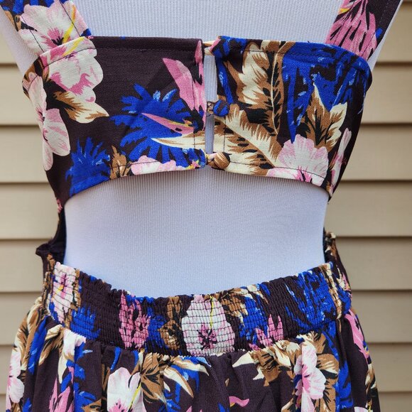 Everly Dark Purple Midi Dress Multicolor Floral Print Open-Back Lace-Up Neck - Picture 10 of 13